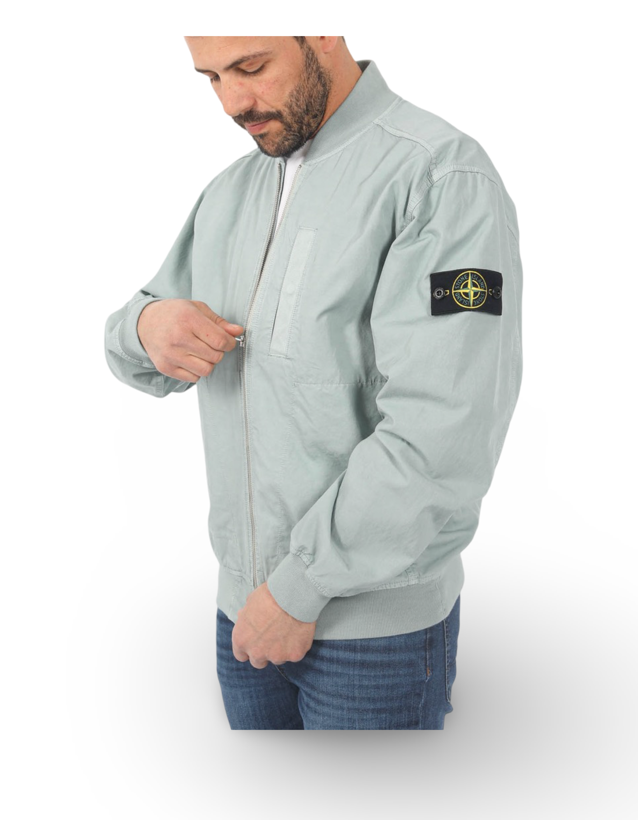 Stone Island Blue Cotton Twill Bomber Jacket